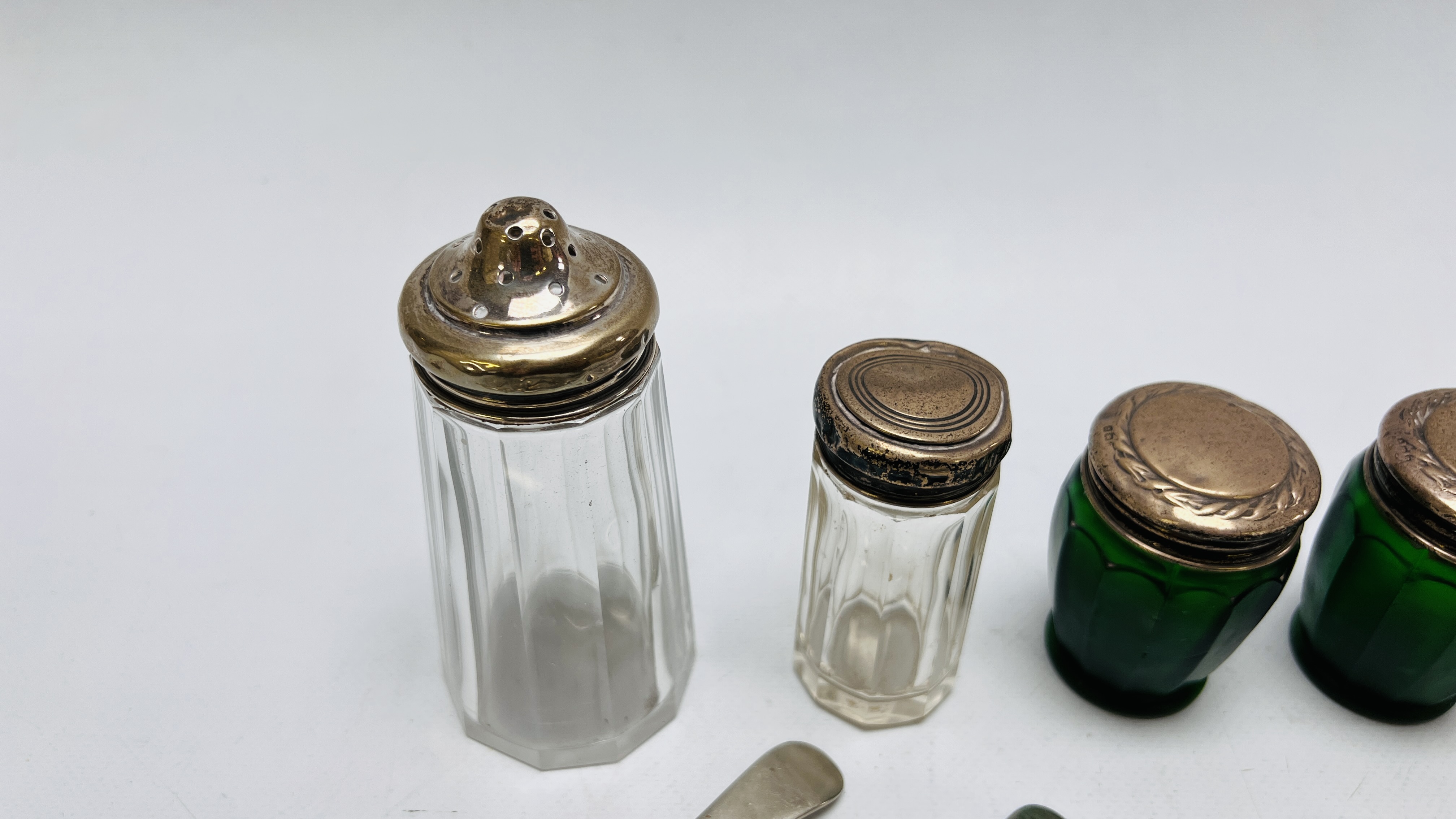 PAIR OF GREEN GLASS JARS WITH SILVER THREADED TOPS, BIRMINGHAM ASSAY H 7CM, - Image 4 of 9