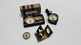 TWO VINTAGE MAGNIFYING COMPASSES AND ONE OTHER ALONG WITH A VINTAGE FOLDING MAGNIFYING VIEWER