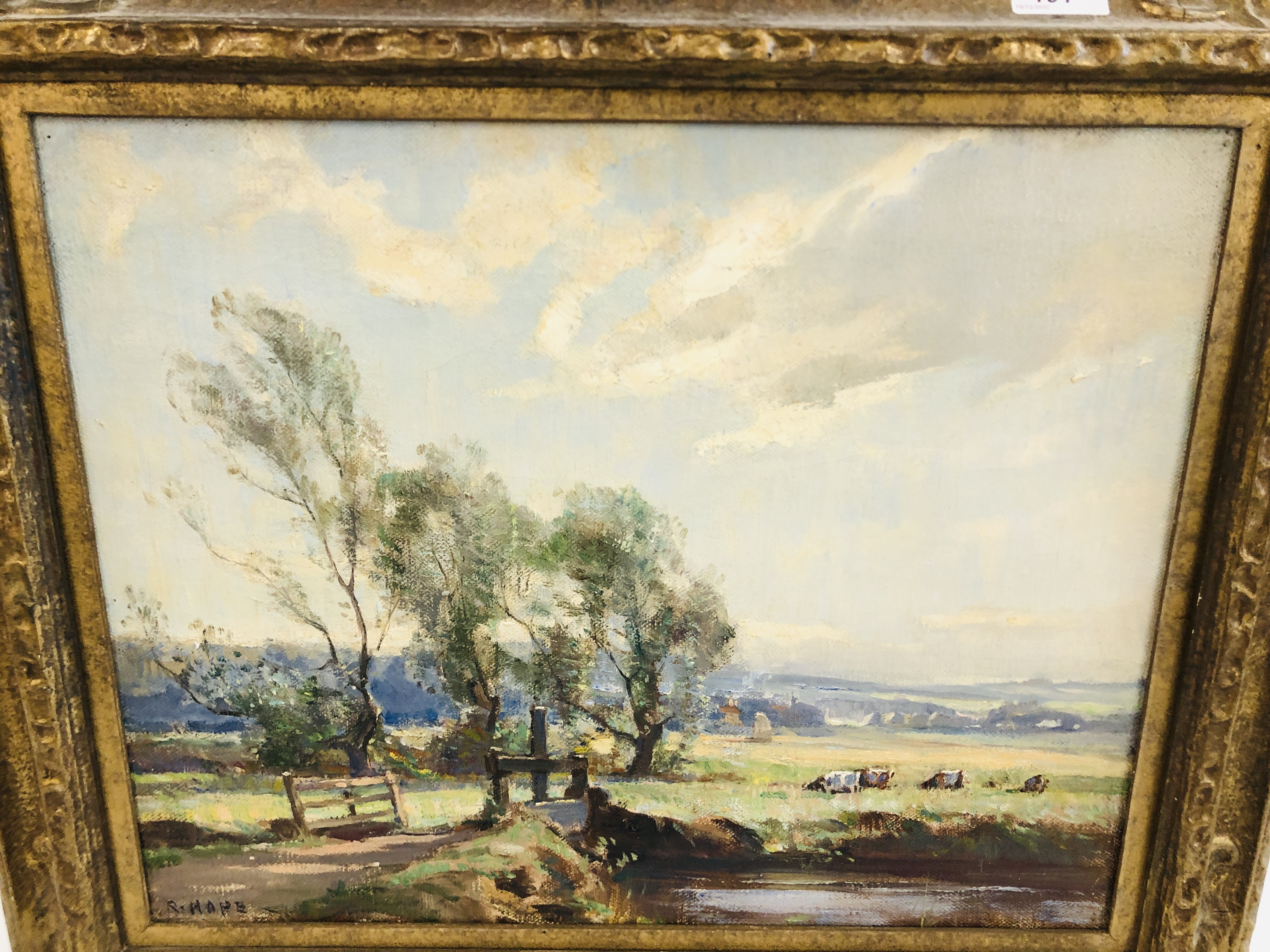 OIL ON CANVAS, LANDSCAPE WITH RIVER AND CATTLE BEARING SIGNATURE R.HOPE, 39.5CM X 49.5CM. - Image 2 of 7