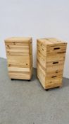 A PAIR OF THREE SECTION PINE STAKING STORAGE BOXES, W 40CM, D 30CM, H 77CM.