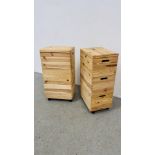 A PAIR OF THREE SECTION PINE STAKING STORAGE BOXES, W 40CM, D 30CM, H 77CM.