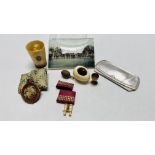 TRAY OF COLLECTIBLES TO INCLUDE A HORN BEAKER, VINTAGE YELLOW METAL SPECTACLE FRAMES AND CASE,