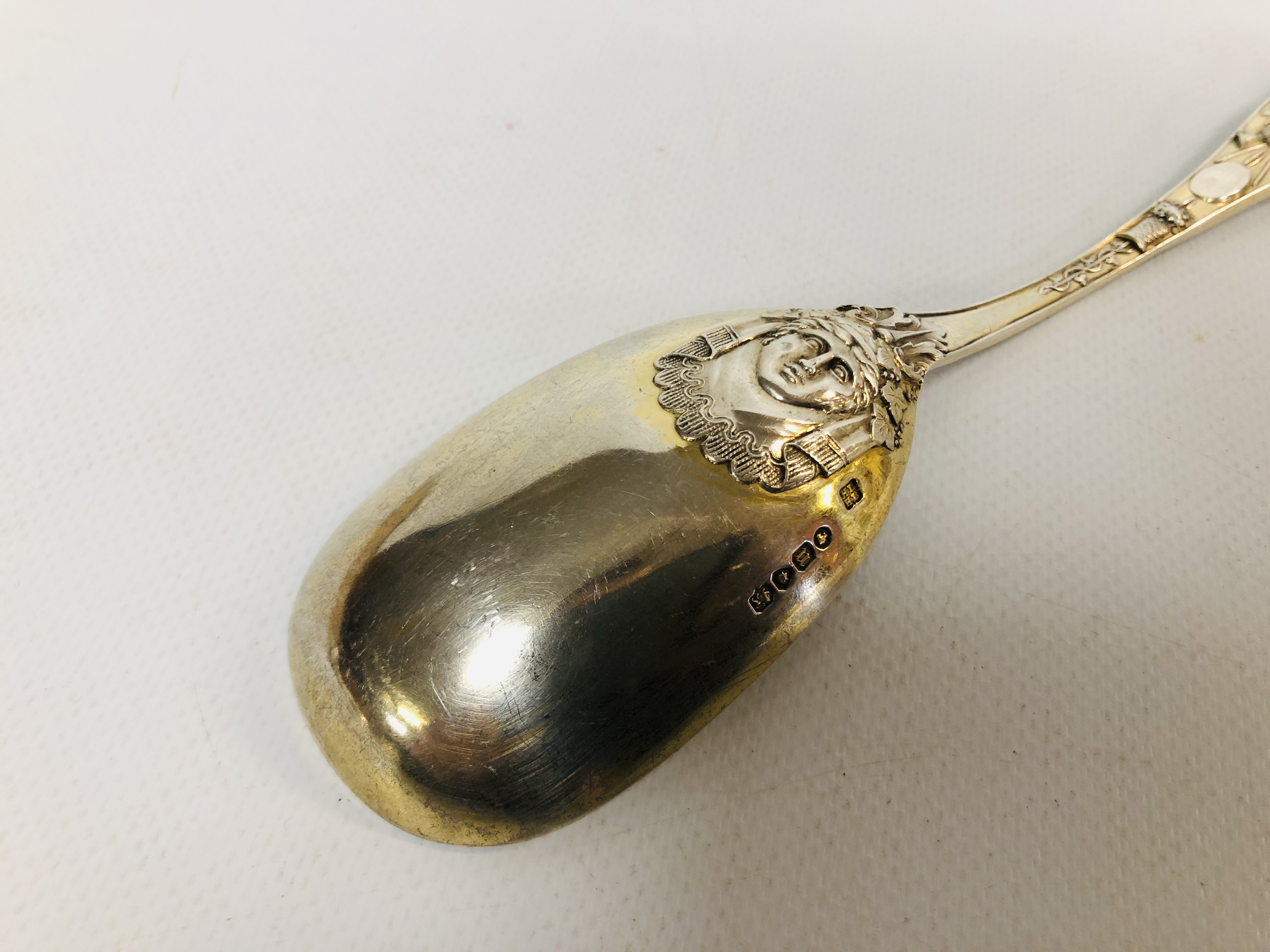 A VICTORIAN SILVER SERVING SPOON DECORATED WITH CLASSICAL FIGURES AND MYTHICAL CREATURES, - Image 5 of 9