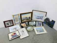 BOX OF FRAMED PICTURES AND PRINTS TO INCLUDE MARTIN SEXTON PRINT,