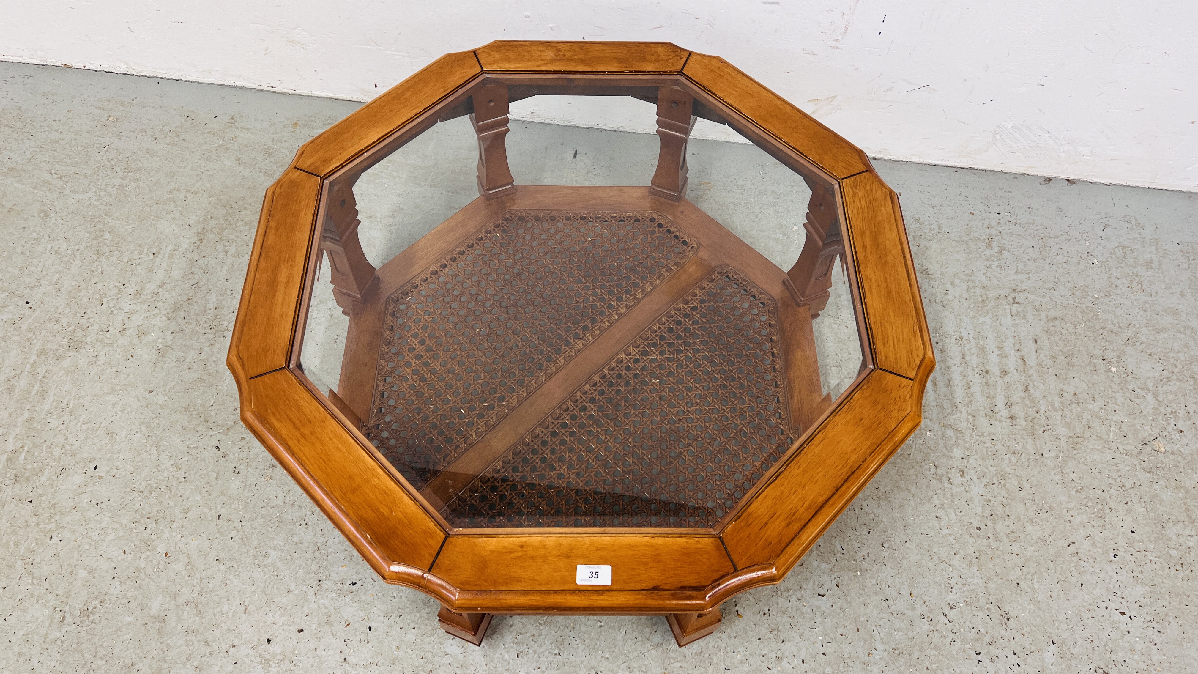 A GLASS TOP OCTAGONAL COFFEE TABLE WITH LOWER BERGERE WORK SHELF - Image 2 of 9