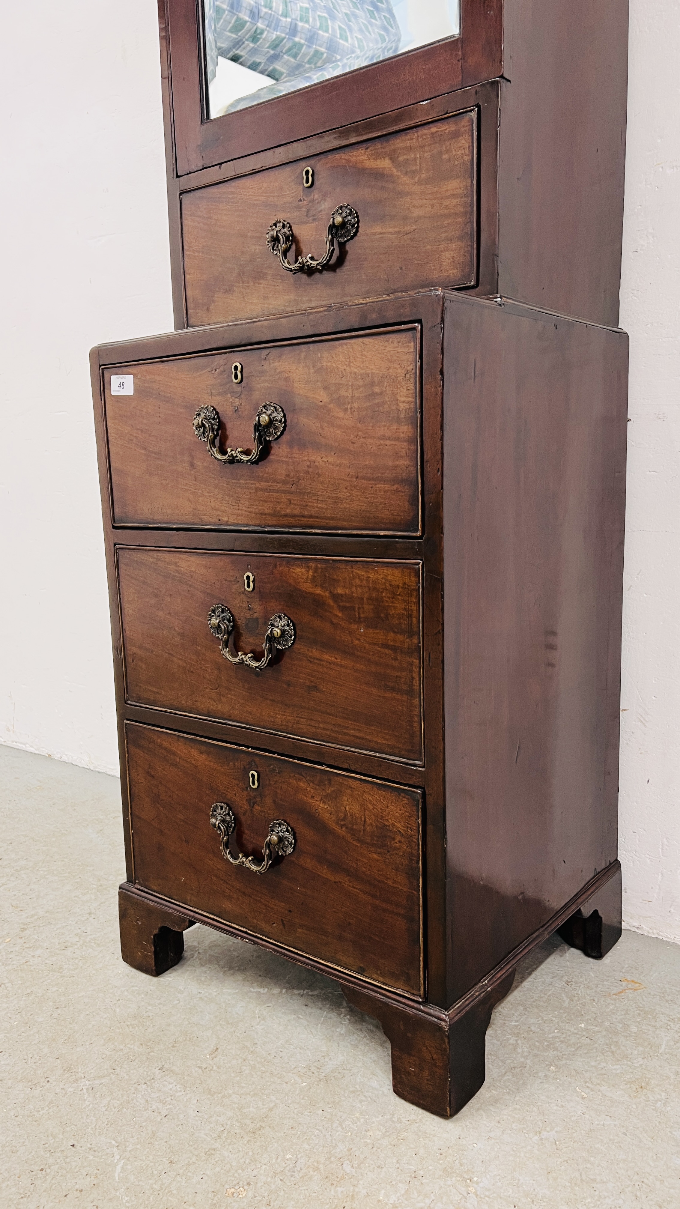 A GEORGE III AND LATER MIRRORED CUPBOARD ON CHEST HEIGHT 173CM. WIDTH 48CM. DEPTH 42CM. - Image 4 of 17