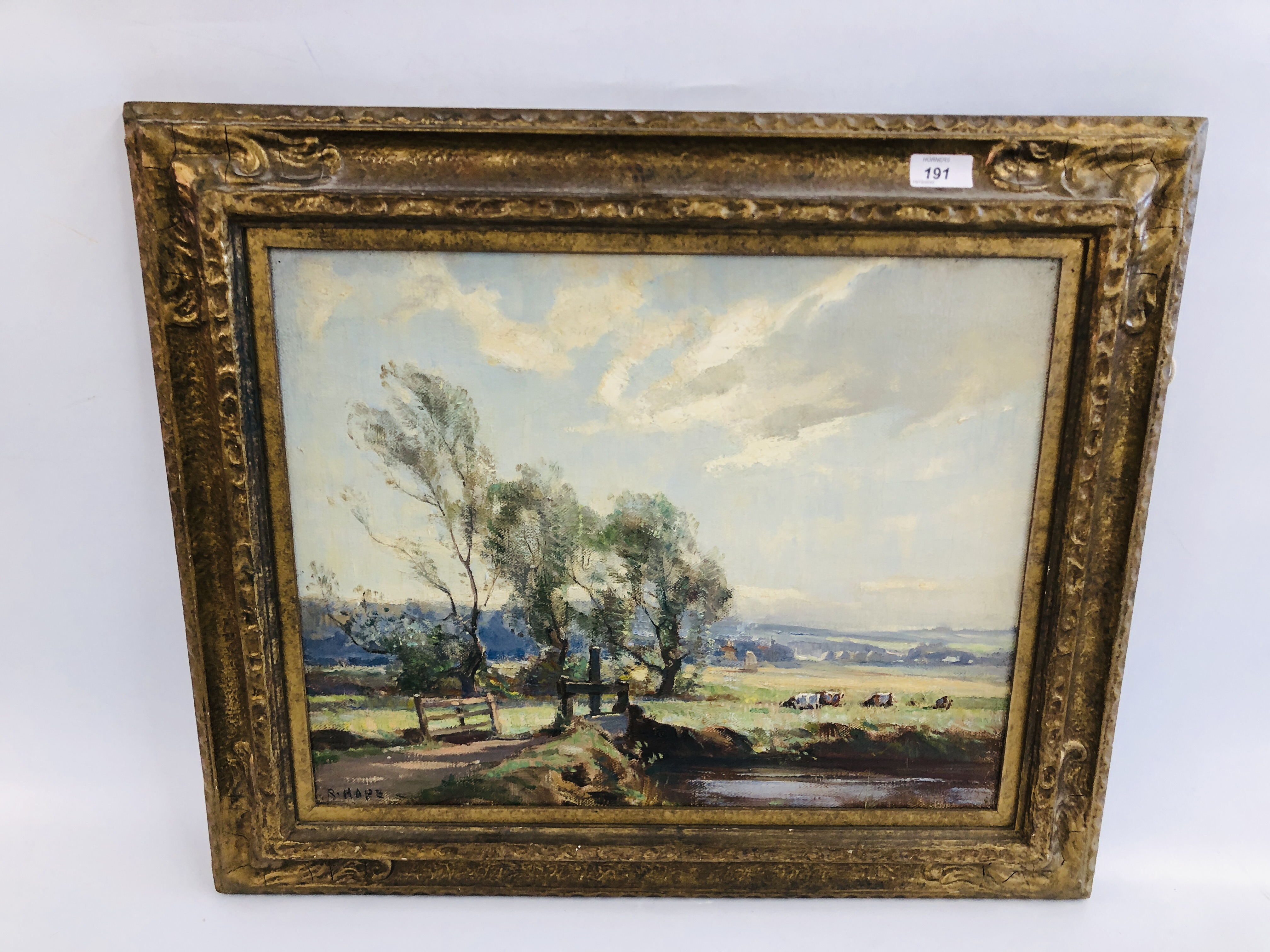 OIL ON CANVAS, LANDSCAPE WITH RIVER AND CATTLE BEARING SIGNATURE R.HOPE, 39.5CM X 49.5CM.