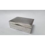 A GOOD QUALITY SILVER CIGARETTE BOX, BEARING INSCRIPTION, BIRMINGHAM ASSAY "H. BROS". WIDTH 11.5CM.