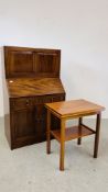 A HAND CRAFTED MAHOGANY BUREAU WITH FALLING FRONT, CABINET ABOVE WIDTH 85CM.