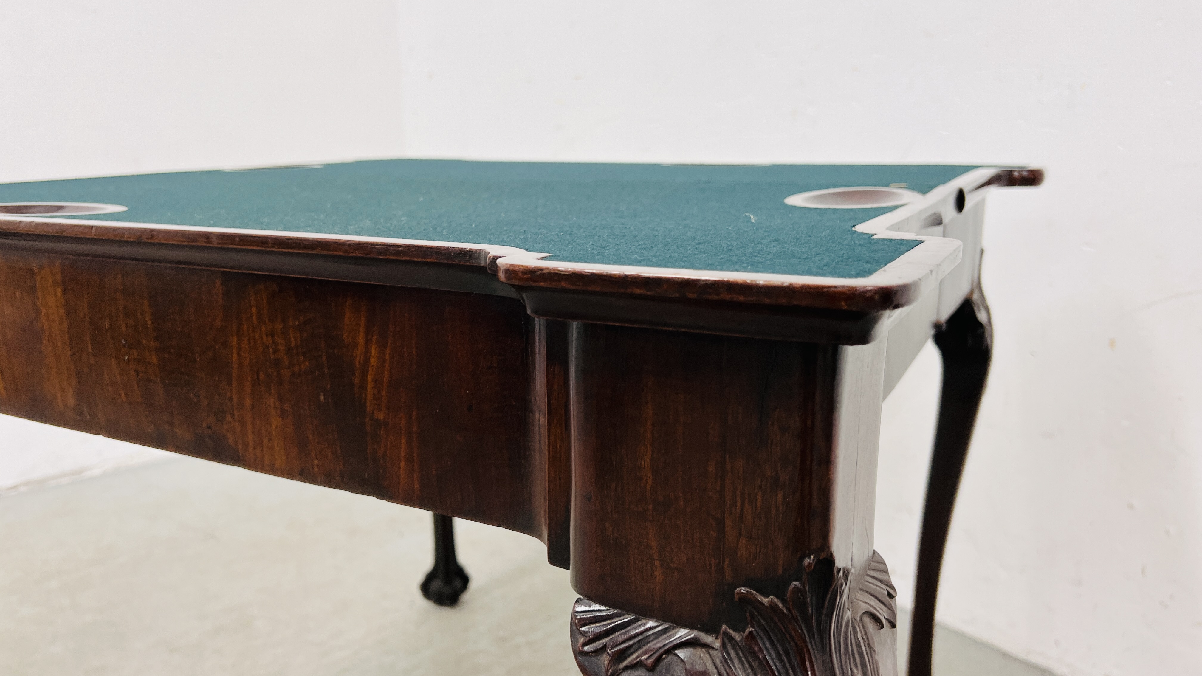 A GEORGE III MAHOGANY GAMING TABLE, THE TOP WITH GUINEA WELLS AND CANDLE CORNERS, - Image 11 of 22