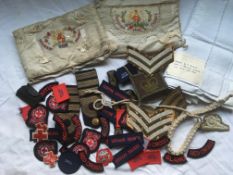 BOX WITH CLOTH INSIGNIA, MILITARY, RED CROSS, WW1 EMBROIDERED CUSHIONS ETC.