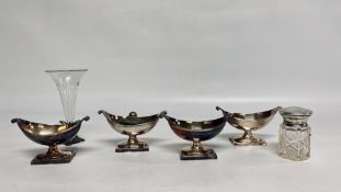 SET OF 4 VINTAGE SILVER PLATED SALTS OF BOAT FORM ON A SQUARE BASE,