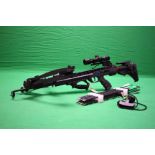 A MAN KUNG COMPOUND CROSSBOW COMPLETE WITH 4X32 SCOPE, EIGHT ARROWS AND DRAW STRING,