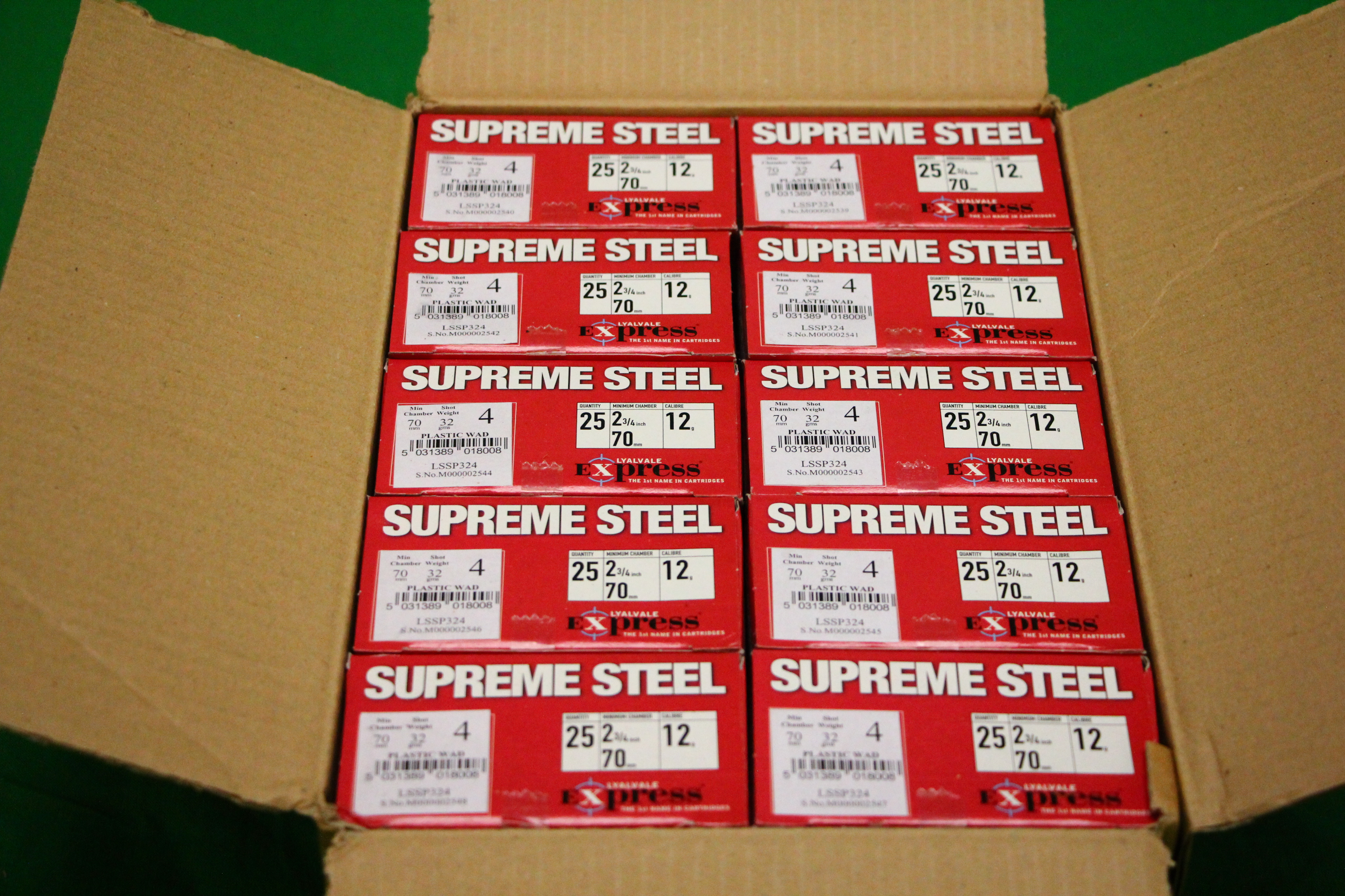 250 X 12 GAUGE LYALVALE EXPRESS 32 GRAM 4 SHOT SUPREEN STEEL CARTRIDGES - (TO BE COLLECTED IN