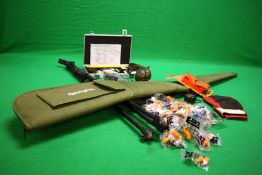 GROUP OF SHOOTING ACCESSORIES TO INCLUDE MULTI BORE CLEANING KIT, GUN SLEEVE, TRIPOD, BI-POD,