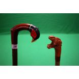 2 X HAND CRAFTED SHOOTING STICKS WITH CARVED AND PAINTED ANIMALS - FROG AND PHEASANT