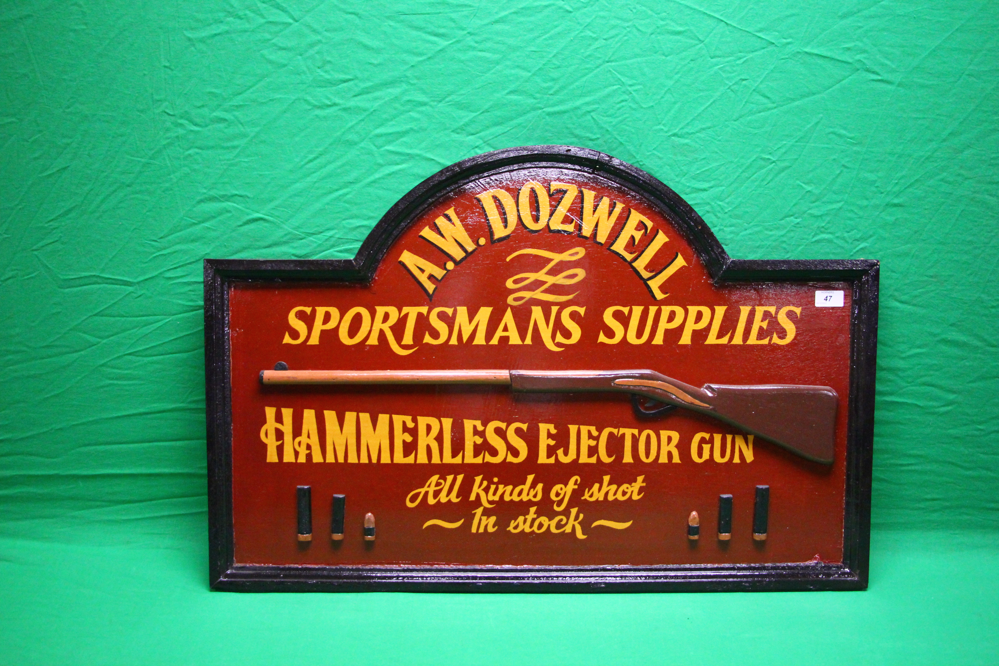 A A.W. DOZWELL SPORTSMAN SUPPLIES HAMMERLESS EJECTOR GUN DISPLAY SIGN