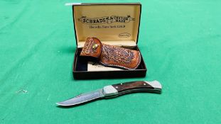 A BOXED SCHRADE POCKET KNIFE WITH LEATHER POUCH - (TO BE COLLECTED IN PERSON ONLY - NO POSTAGE - NO