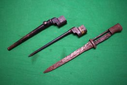 2 LEE ENFIELD SPIKE BAYONETS, ONE WITH SCABBARD AND 1 OTHER UNKNOWN BAYONET (COLLECTION IN PERSON,