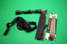 2 AS NEW RIFLE SLINGS TO INCLUDE THE CLAW & LOGUN, A HUNTER 4 X 40 WIDE ANGLE SCOPE,