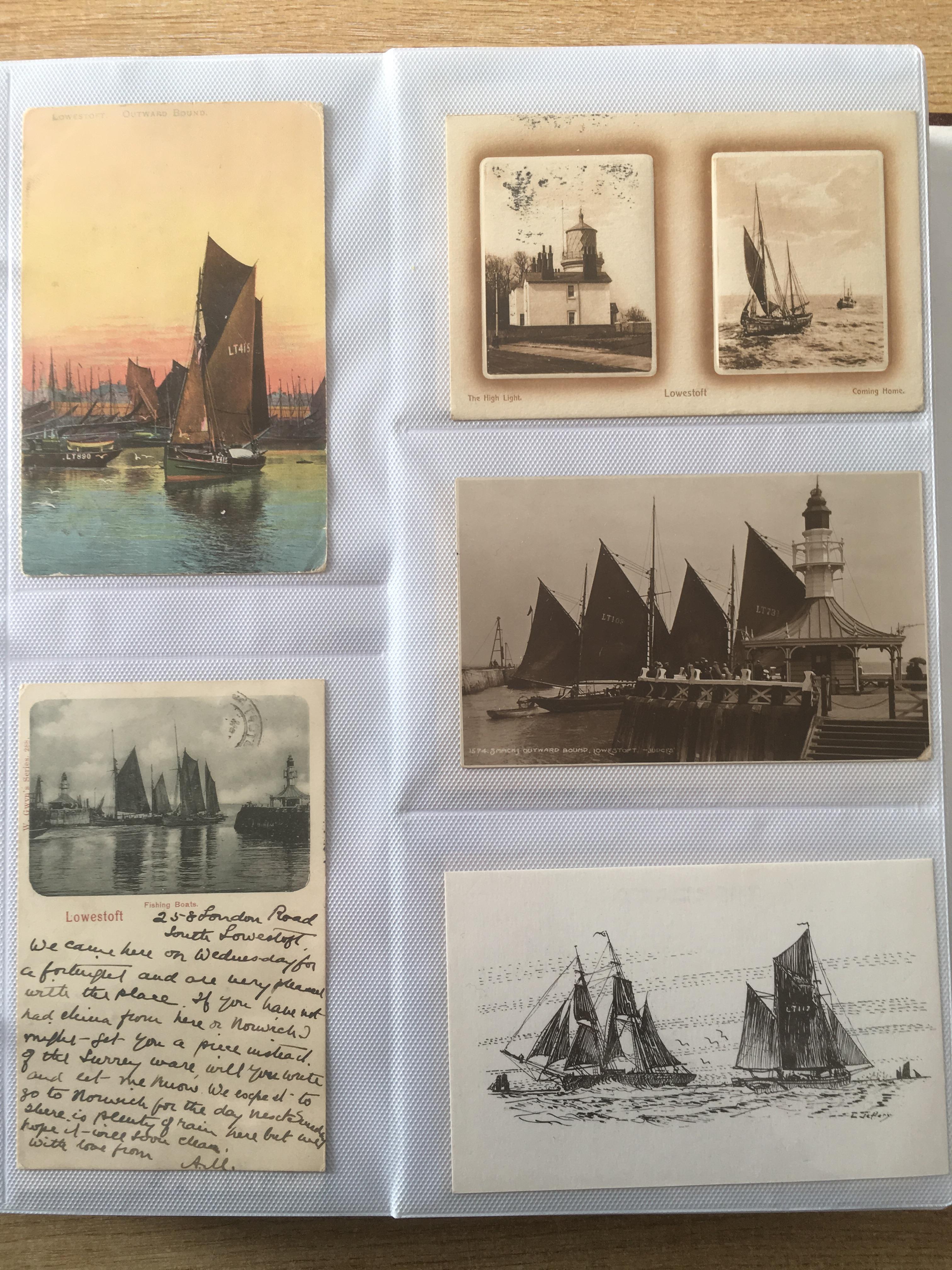 SUFFOLK: ALBUM WITH A COLLECTION OF LOWESTOFT FISHING INDUSTRY POSTCARDS AND A FEW PHOTOS.