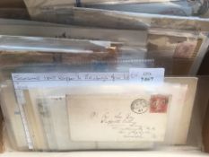 GB: SMALL SHOEBOX COVERS AND CARDS FROM PRE-STAMP TO WW2, MANY 1d RED FRANKINGS (APPROX.