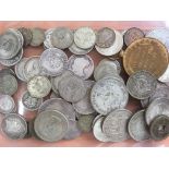 TUB OF MAINLY SILVER COINS, WWI VICTORY MEDAL TO 1736 GNR A.F. THOMAS R.A.
