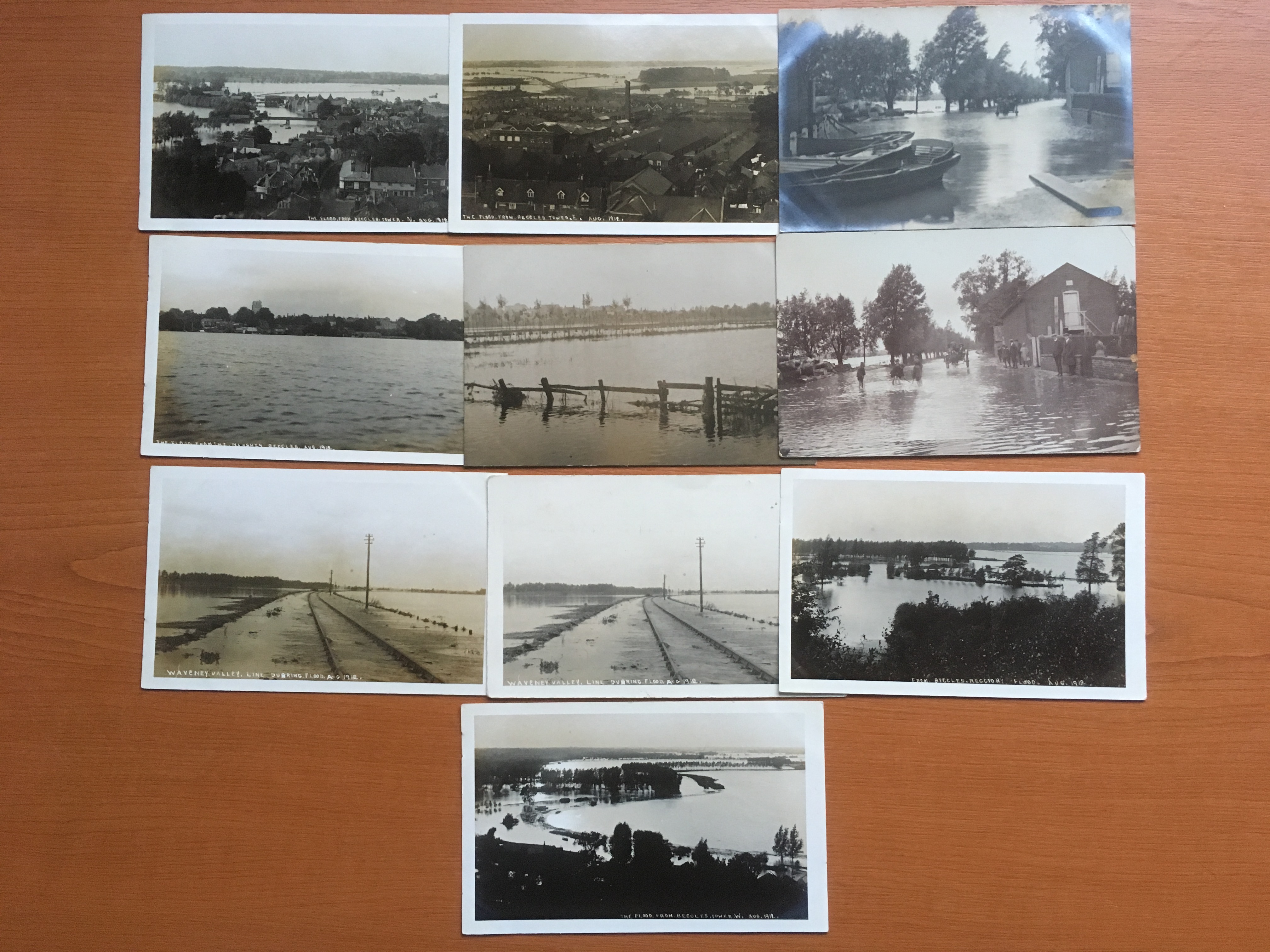 SUFFOLK: BECCLES: RP POSTCARDS SHOWING 1912 FLOODS INCLUDING WAVENEY VALLEY RAILWAY LINE, MARSHES,