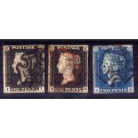 GB: 1840 1d BLACK PLATE 3 BD, RED MX, PLATE 4 II, BLACK MX, 2d BLUE UNPLATED FA BLACK MX,