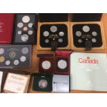 BOX WITH A SELECTION OF OVERSEAS COIN SETS, PROOF COINS AND SETS, SOME SILVER, CANADA,