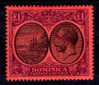 DOMINICA: 1923-33 £1 BLACK AND PURPLE ON RED OG,