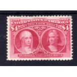 USA: 1893 COLUMBUS $4 UNUSED, RE-GUMMED,
