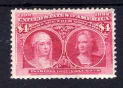 USA: 1893 COLUMBUS $4 UNUSED, RE-GUMMED,