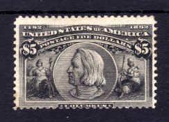 USA: 1893 COLUMBUS $5 UNUSED, RE-GUMMED,
