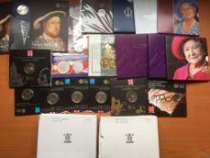 GB COINS: BOX WITH 1997 AND 1999 DX PROOF SETS, VARIOUS CROWNS IN PRESENTATION FOLDERS, ETC.