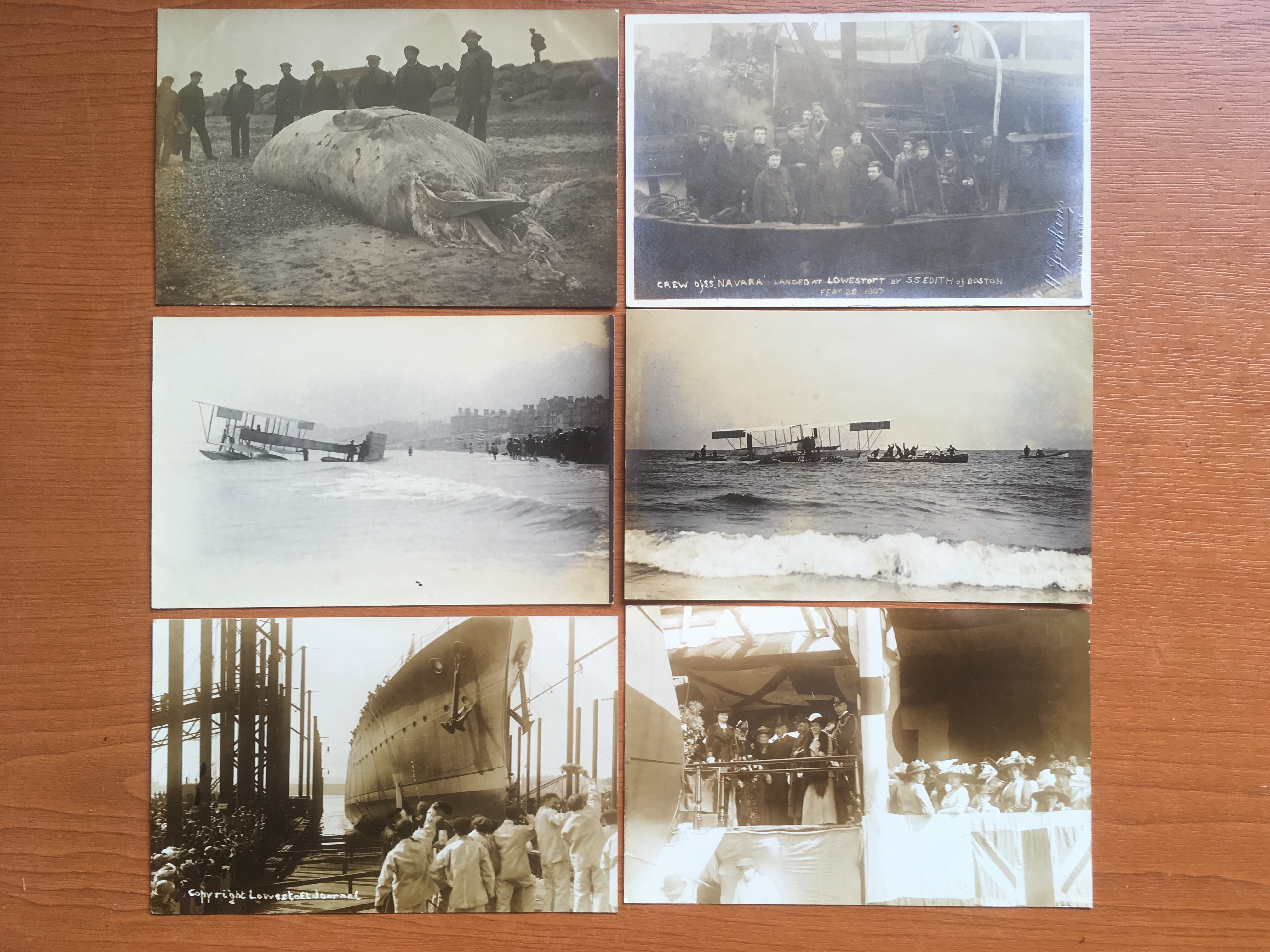 SUFFOLK: LOWESTOFT: RP POSTCARDS WITH WHALE ASHORE, CREW OF SS NAVARA,