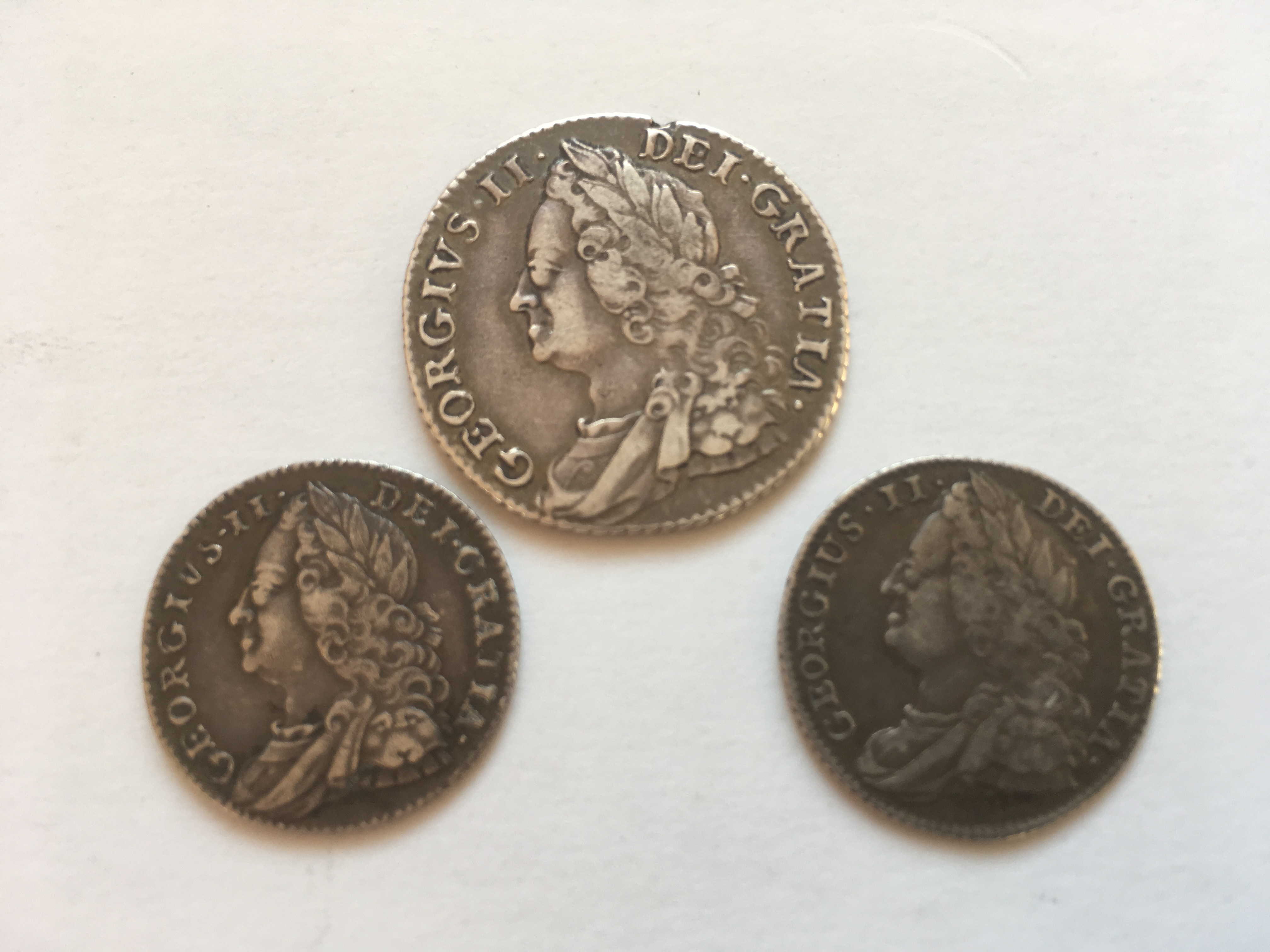 GB COINS: SHILLING 1750 (SMALL INCLUSION) SIXPENCE 1743,