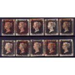 GB: 1840 1d BLACKS, TEN USED EXAMPLES ALL FOUR MARGINS, AND CANCELLED RED MX,