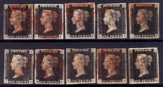 GB: 1840 1d BLACKS, TEN USED EXAMPLES ALL FOUR MARGINS, AND CANCELLED RED MX,
