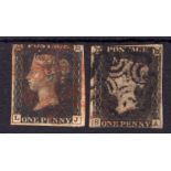 GB: 1840 1d BLACKS TWO USED UNPLATED, BOTH WITH THREE MARGINS,