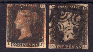 GB: 1840 1d BLACKS TWO USED UNPLATED, BOTH WITH THREE MARGINS,