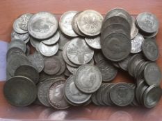 TUB OF PRE-47 SILVER COINS, FACE APPROX. £5.