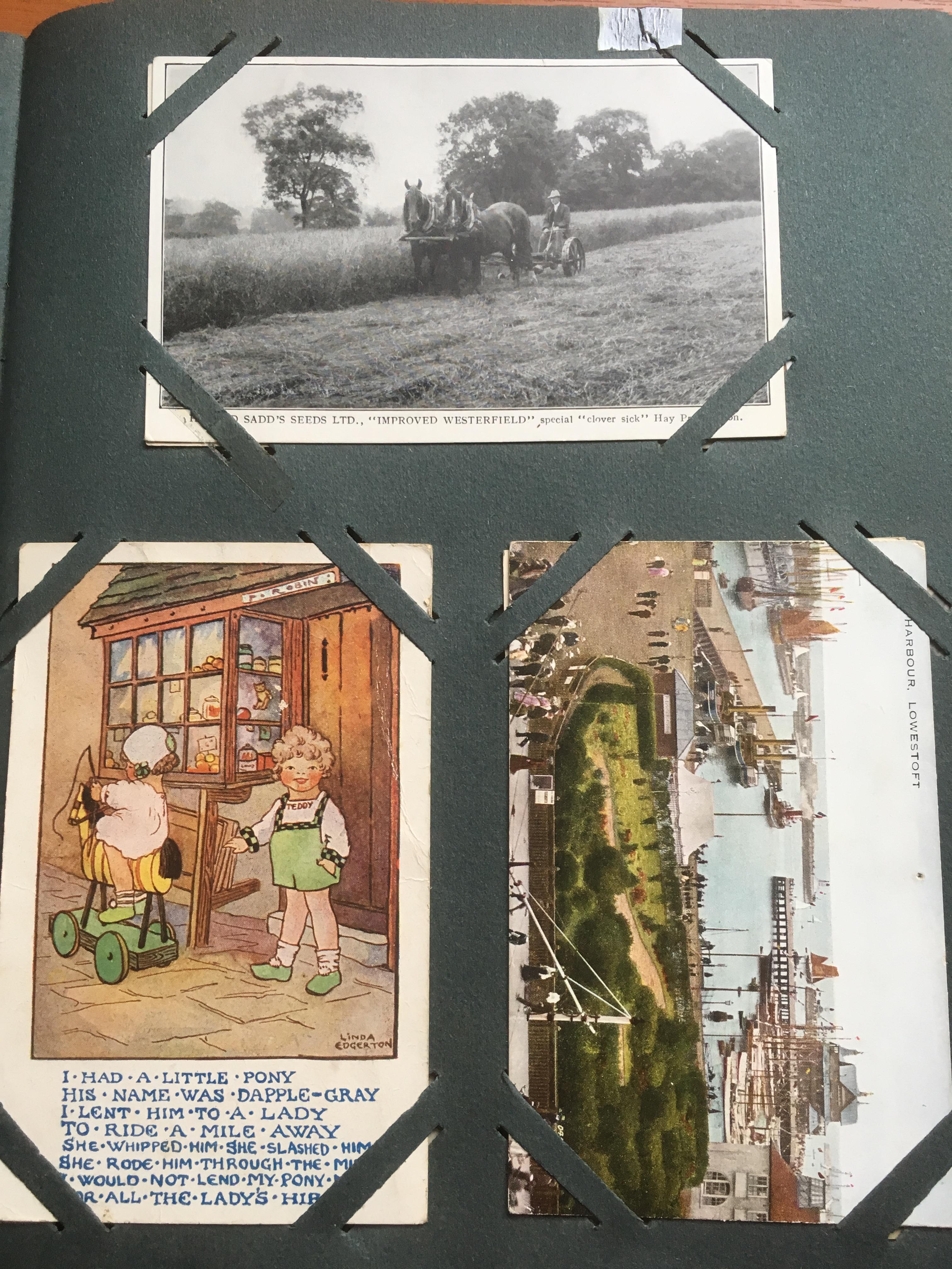 CORNER SLOT ALBUM OF MIXED SUBJECTS POSTCARDS, COMIC, ARQ, RURAL, ADVERTISING, VALENTINES, WW1, - Image 3 of 8