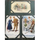 CORNER SLOT ALBUM OF MIXED SUBJECTS POSTCARDS, COMIC, ARQ, RURAL, ADVERTISING, VALENTINES, WW1,