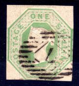 GB: 1847-54 1/- EMBOSSED USED CUT SQUARE JUST TOUCHED AT BASE SG 54