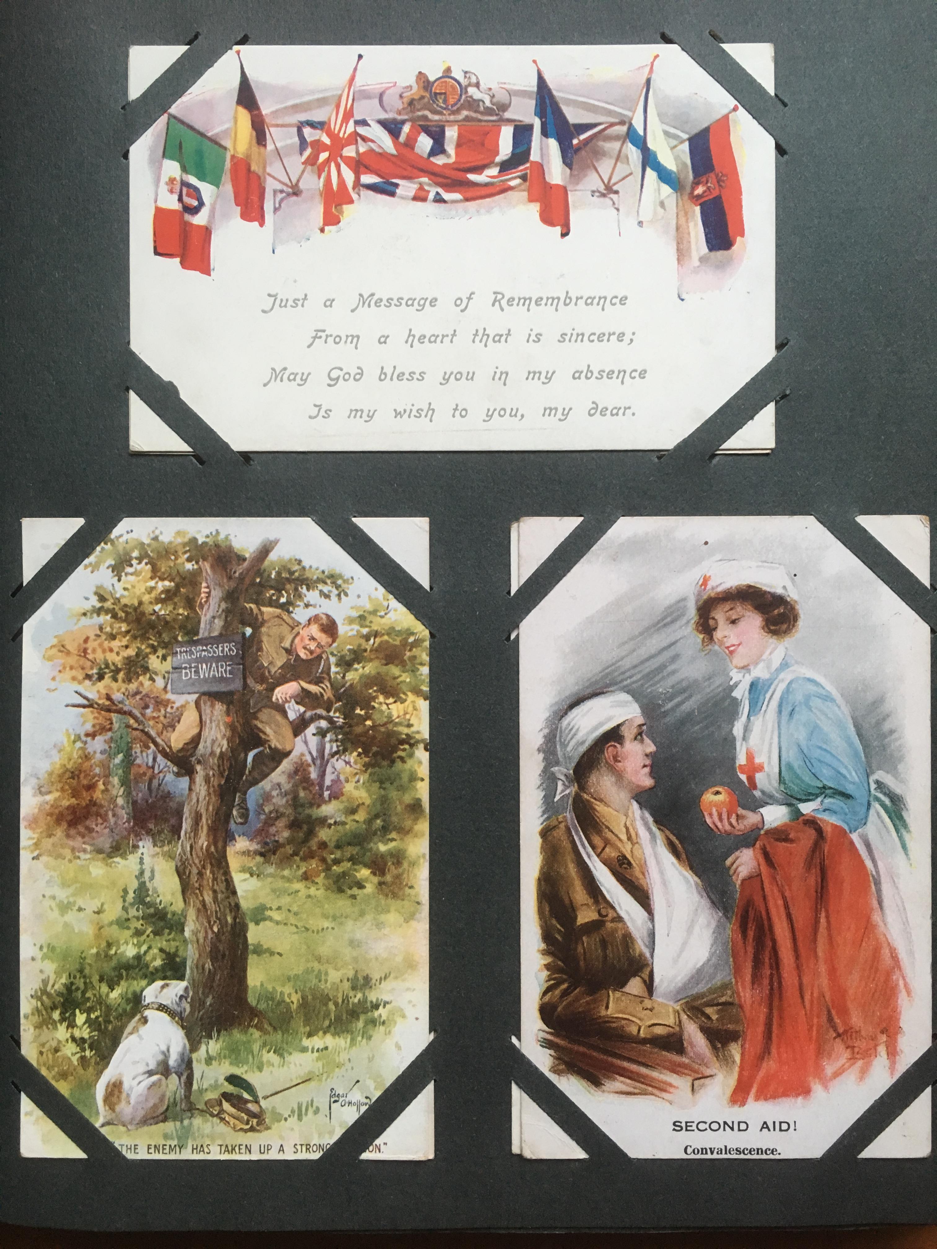 CORNER SLOT ALBUM OF MILITARY POSTCARDS, ARTISTS WITH HARRY PAYNE, MUCH WW1 WITH COMIC, SENTIMENT, - Image 5 of 19