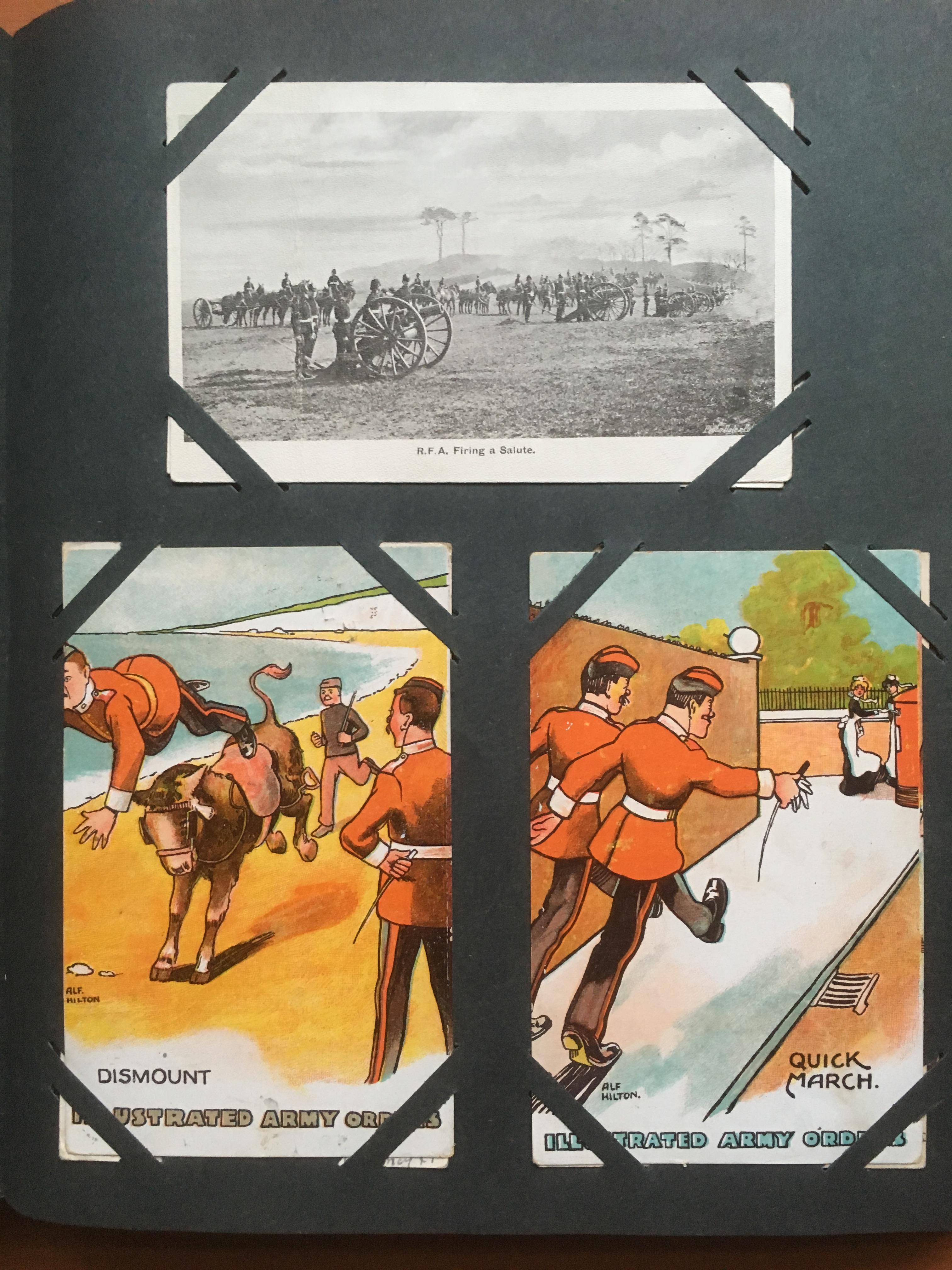 CORNER SLOT ALBUM OF MILITARY POSTCARDS, ARTISTS WITH HARRY PAYNE, MUCH WW1 WITH COMIC, SENTIMENT, - Image 12 of 19