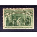 USA: 1893 COLUMBUS $3 UNUSED, RE-GUMMED, MINOR THIN AND TONE SPOTS,