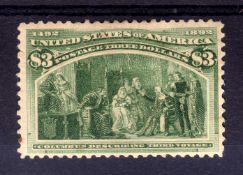 USA: 1893 COLUMBUS $3 UNUSED, RE-GUMMED, MINOR THIN AND TONE SPOTS,