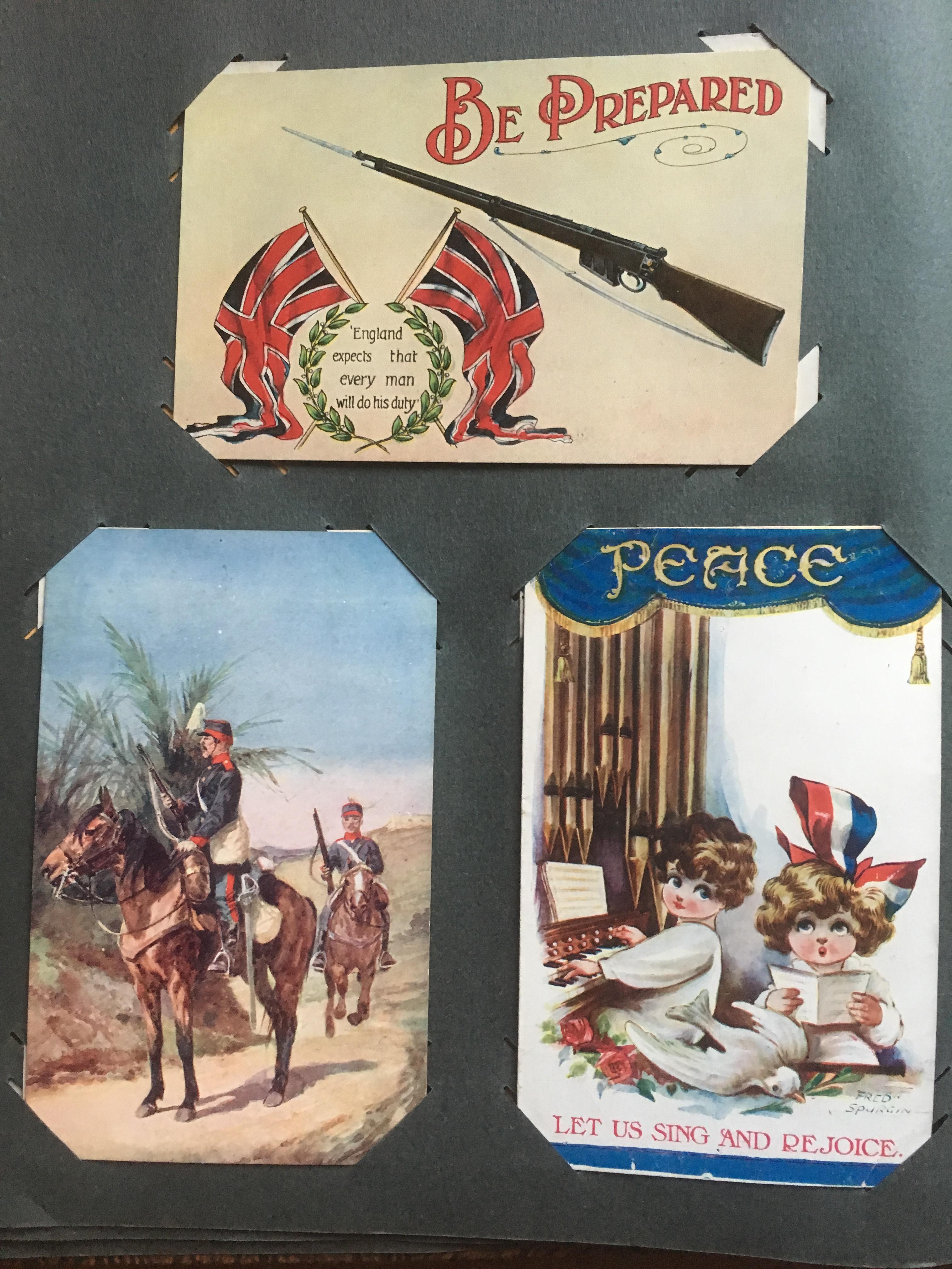 CORNER SLOT ALBUM OF MILITARY POSTCARDS, ARTISTS WITH HARRY PAYNE, MUCH WW1 WITH COMIC, SENTIMENT,